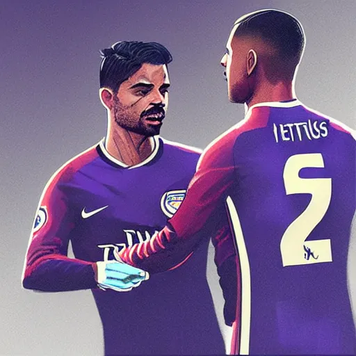 Prompt: mikel arteta spoon feeding gabriel jesus at the emirates, style of by jordan grimmer and greg rutkowski, crisp lines and color,