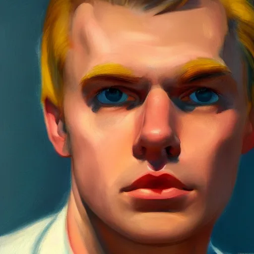 Image similar to a close up realistic portrait of a blonde man, edward hopper, trending on artstation