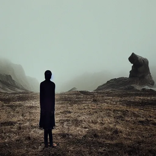 Image similar to A beautiful sculpture of a small figure standing in the center of a dark, foreboding landscape. The figure is surrounded by strange, monstrous creatures, and there is a feeling of unease and dread. Gucci, liminal space by Elizabeth Gadd monumental