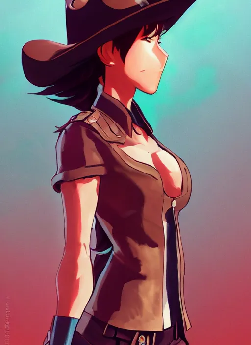 Image similar to full size persona, female sheriff, detail, ultra sharpness, beautiful female, detailed face, art by huyy nguyen, style by cain kuga, cowboy bebop art style, 3 2 beautiful color palettes with their corresponding gradient