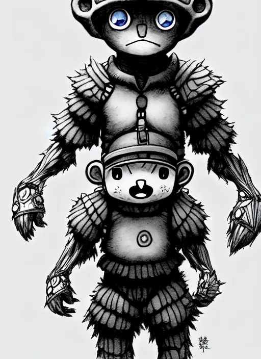 Image similar to beautiful little boy wearing an cyborg bear suit, artwork in kentaro miura and made in abyss and rosdraws, smooth, beautiful lightness, anatomically correct, trending on pixiv, forest