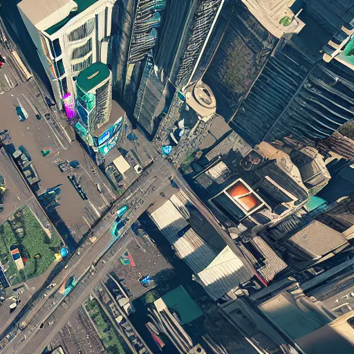 Image similar to eagle-eye view of street. Cyberpunk futurepunk advanced civilisation.