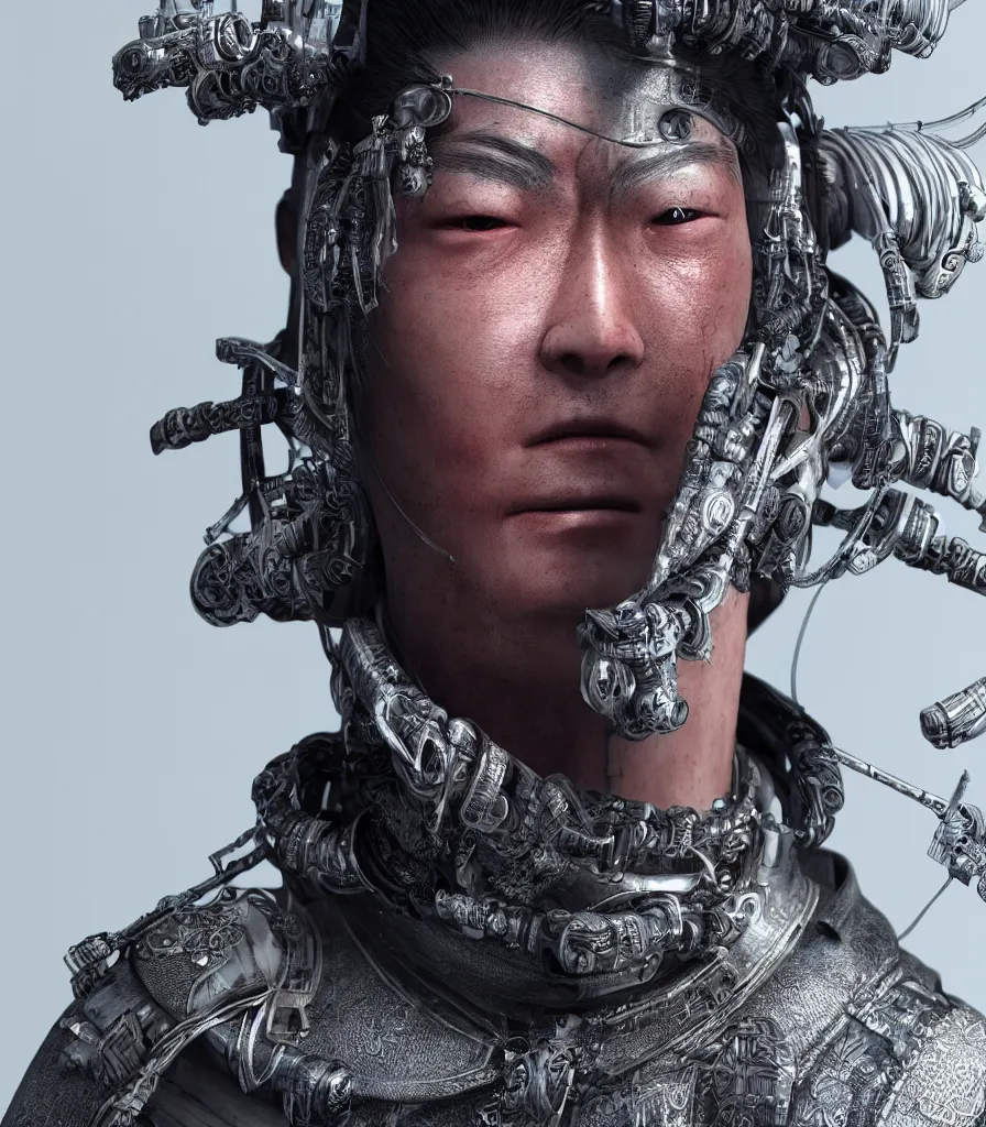 Prompt: hyper - realistic ultra - detailed 3 d render of a cyberpunk samurai, intricate, cinematic lighting, studio quality, octane render, unreal engine, ray tracing, symmetrical feature