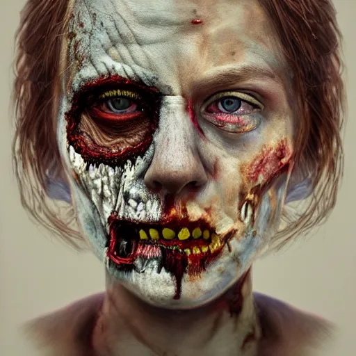 Image similar to Intricate five star Zombie Facial portrait by Anna Kullberg, Colored pencil on paper, high detail, skin texture, photo realistic, hyperrealism,matte finish, high contrast, 3d depth, masterpiece, vivid colors, artstationhd