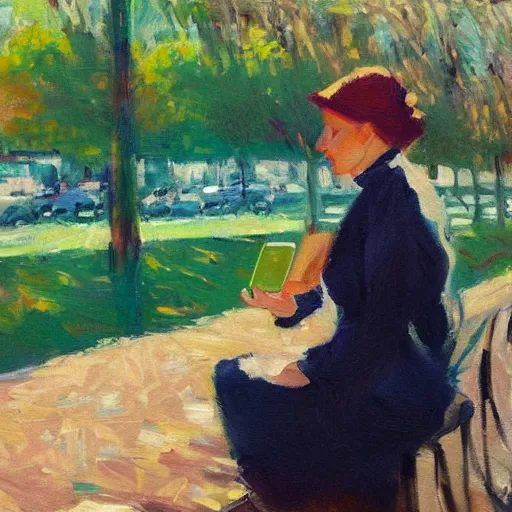 Image similar to a modern impressionist painting of a woman with a smartphone, oil on canvas, trending on artstation