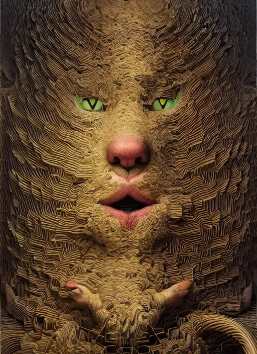 Image similar to hyper detailed 3d render like an Oil painting - A cat human chimera by Jacek Yerka, Mariusz Lewandowski, Houdini algorithmic generative render, Abstract brush strokes, Masterpiece, Edward Hopper and James Gilleard, Zdzislaw Beksinski, Mark Ryden, Wolfgang Lettl, hints of Yayoi Kasuma, octane render, 8k