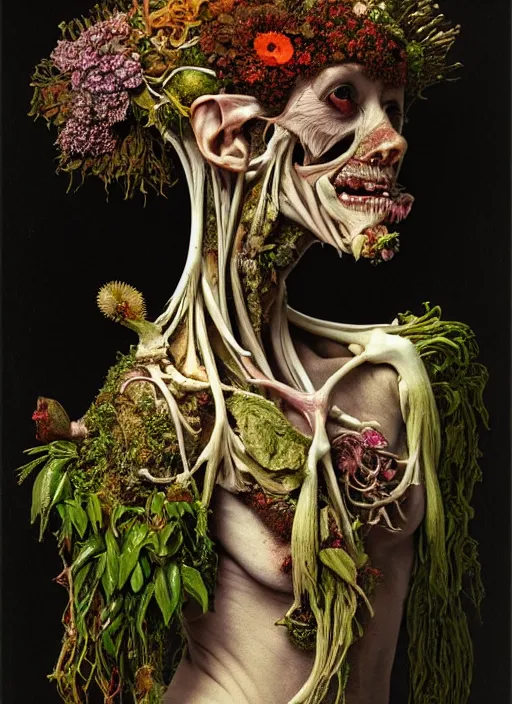 Image similar to beautiful and detailed rotten woman made of plants and many different types of flowers, muscles, intricate, organs, ornate, surreal, miguel angel, gustave courbet, caravaggio, romero ressendi, gunther von hagens