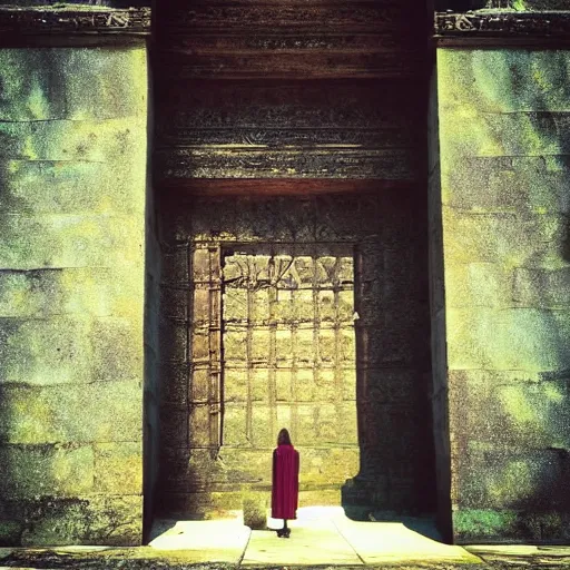 Image similar to a lone traveler exploring giant temples with large doors, mysterious statues, fantasy art