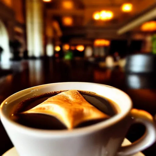 Image similar to realistic detailed photo of a steaming cup of coffee on a saucer with a flaky pastry on the side and a coffee spoon next to it on the table, hotel lobby in the background, hdr, volumetric lighting, dim light, diffuse light, depth of field