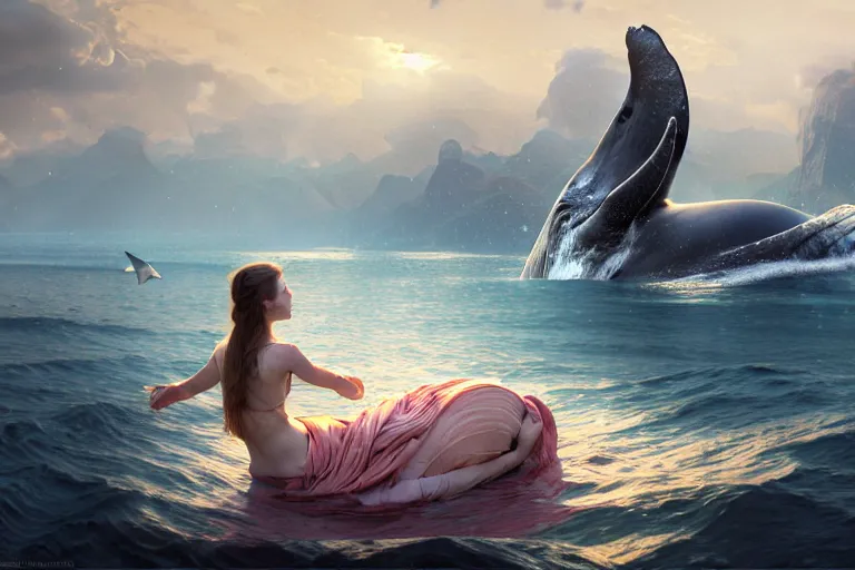 Prompt: painting of panorama view of under the water, wearing beautiful clothes, hyper detailed cg rendering of a cute girl and whale, atmospheric lighting, perfect shadow, elegant, highly detailed, digital painting, artstation, concept art, smooth, sharp focus, illustration, art raphael lacoste, by artgerm and greg rutkowski and alphonse mucha, 8 k