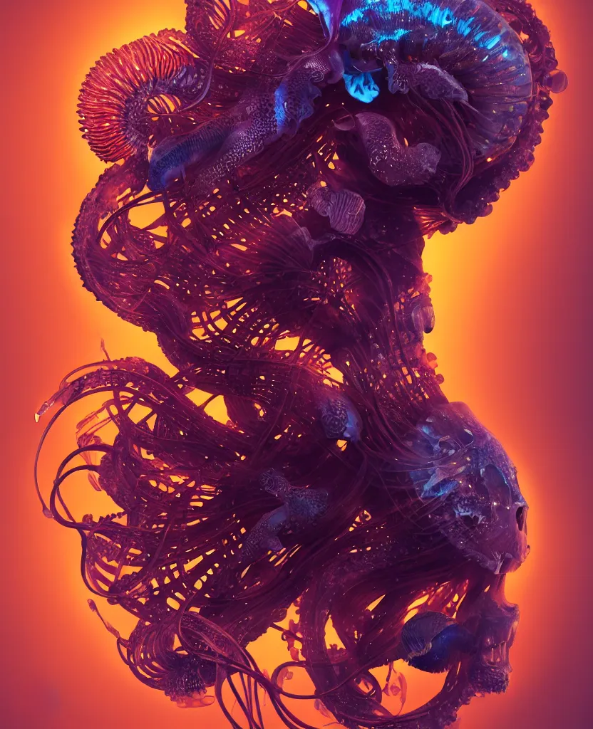 Image similar to goddess close-up portrait animal skull. jellyfish phoenix head, nautilus, orchid, skull, betta fish, bioluminiscent creatures, intricate artwork by Tooth Wu and wlop and beeple. octane render, trending on artstation, greg rutkowski very coherent symmetrical artwork. cinematic, hyper realism, high detail, octane render, 8k