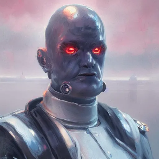 Image similar to portrait of rubbery albino mutant with determined expression, sharp features, moist skin and wide black eyes wearing fascist Napoleonic Tang Dynasty police uniform standing on cyberpunk docks, science fiction concept art by Greg Rutkowski and Anato Finnstark