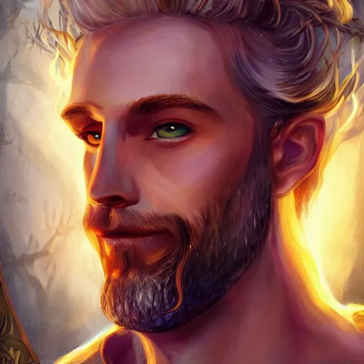 Prompt: A handsome King of the Fae with blond hair and beard in animal down, Magic the Gathering card art