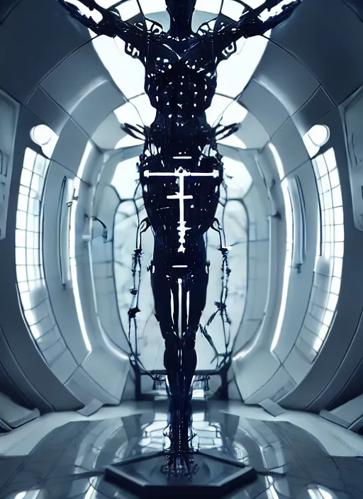 Image similar to dark high detailed space station interior a statue jesus on cross made of white marble, perfect symmetrical body, full body shot, inflateble shapes, wires, tubes, veins, jellyfish, white biomechanical details, wearing epic bionic cyborg implants, masterpiece, intricate, biopunk, vogue, highly detailed, artstation, concept art, cyberpunk, octane render