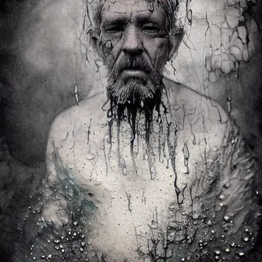 Image similar to wet collodion photography of innsmouth dweller mutant early xx century fisherman sailor old man with gills and scales creatures from the deep ocean by emil melmoth zdzislaw beksinki craig mullins yoji shinkawa realistic render ominous detailed photo atmospheric by jeremy mann francis bacon and agnes cecile ink drips paint smears digital glitches glitchart