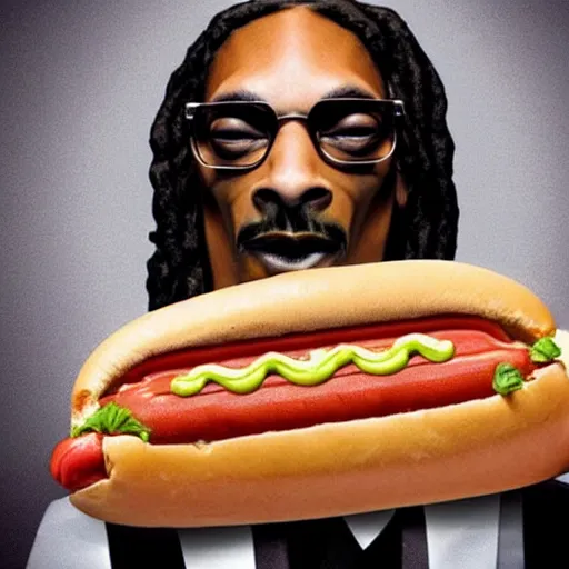 Image similar to a hotdog with the face of snoop dogg inside it