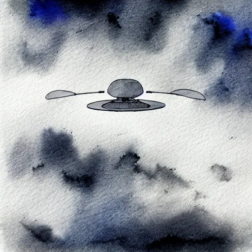 Prompt: high - angle view, from 1 0 0 0 feet in distance, vague uap interstellar vehicle on top of dramatic moody clouds in the sky, muted ink and pearlescent watercolor. minimalist, detailed, muted colors. ue 5