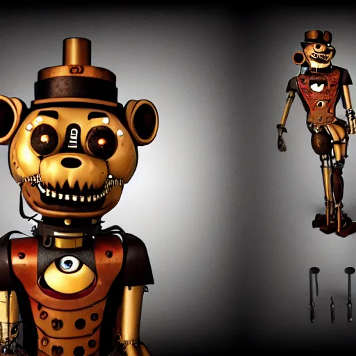 Image similar to steampunk animatronic, five nights at freddys, detailed, scary