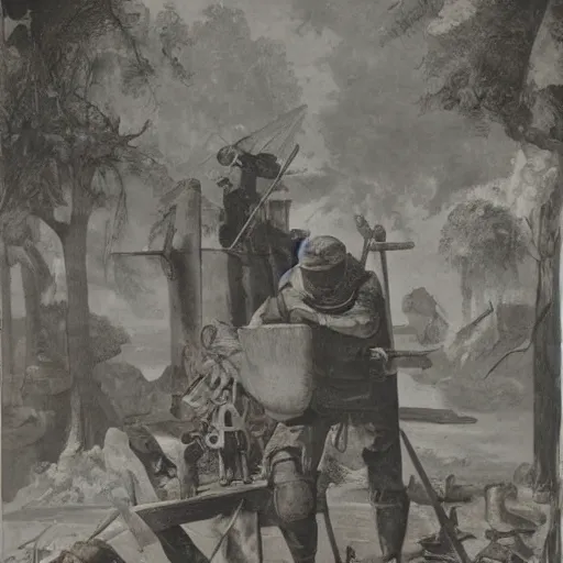 Image similar to Still life of a combat mech surrounded by its weapons, by Henri Fantin-Latour