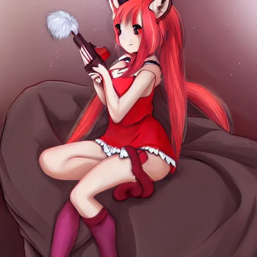 Prompt: cute anime foxgirl with two fox ears on her head and fluffy fox tail wearing red dress, art by Totempole