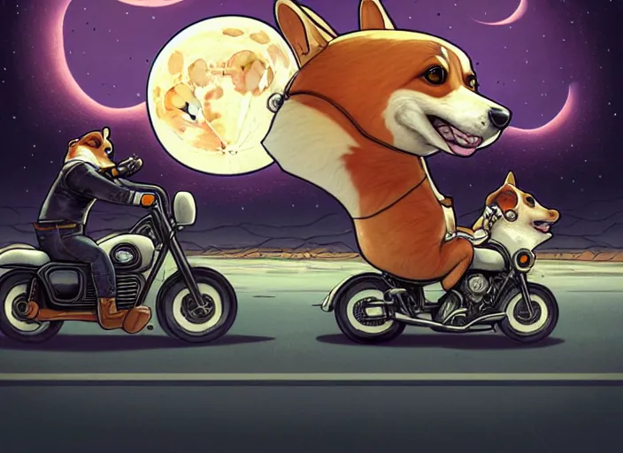 Image similar to a cell shaded cartoon corgi riding a motorcycle, with a big head, on a desert road, wide shot, in front of a big moon, muted colors, post grunge, josan gonzales, wlop, by james jean, victor ngai, hq, deviantart, art by artgerm