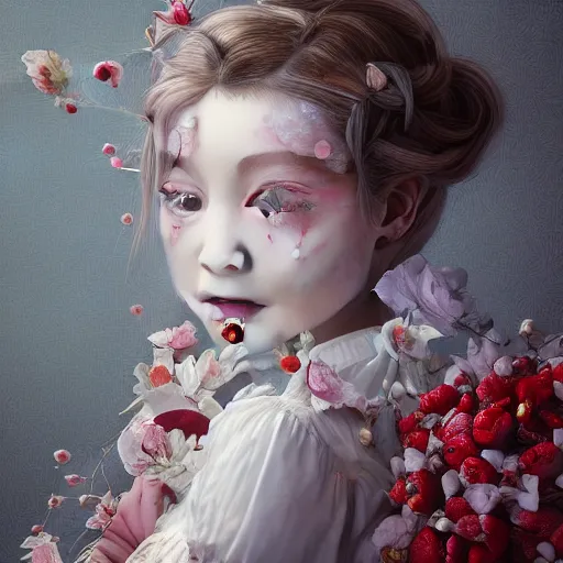 Image similar to the portrait of the absurdly beautiful, graceful, elegant, sophisticated, fashionable little girl made of strawberries and white petals looking down, an ultrafine hyperdetailed illustration by kim jung gi, irakli nadar, intricate linework, bright colors, octopath traveler, final fantasy, unreal engine 5 highly rendered, global illumination, radiant light, detailed and intricate environment