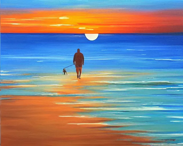 Prompt: man walking his dog at the beach at sunset, acrylic painting, far view