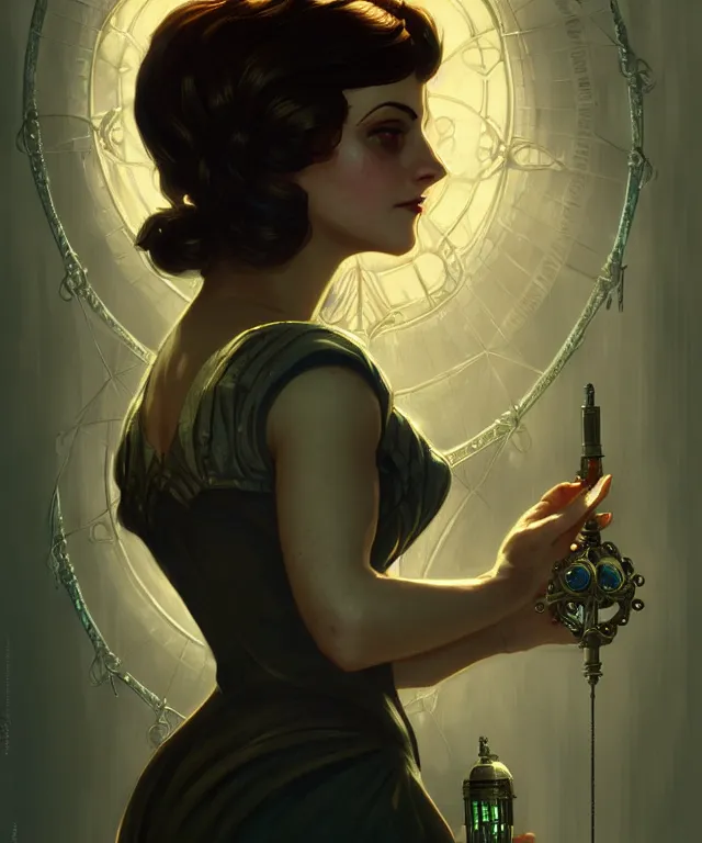 Image similar to big sister from the game bioshock, intricate, elegant, highly detailed, digital painting, artstation, concept art, smooth, sharp focus, illustration, art by artgerm and greg rutkowski and alphonse mucha