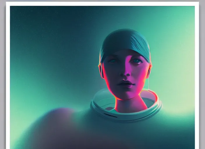 Image similar to portrait of a young astronaut girl, colorful, modern art deco, mads berg, karolis strautniekas, christopher balaskas, stippled light, fog, moody, fine texture, editorial illustration, dramatic lighting, dynamic composition, detailed, matte print, dynamic perspective, muted color