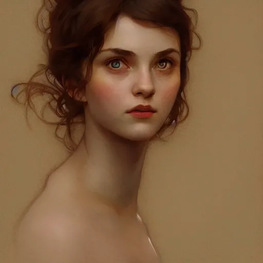 Image similar to portrait of a welsh teenage girl with brown hair, glowing skin, delicate features, amelie poulain, fantasy, intricate, elegant, dress shirt, highly detailed, digital painting, artstation, concept art, smooth, sharp focus, illustration, art by Krenz Cushart and Artem Demura and alphonse mucha