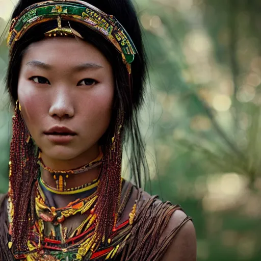 Image similar to vintage portrait of a stunningly beautiful asian tribal female, depth of field, zeiss lens, detailed, symmetrical, centered, fashion photoshoot, by edward s curtis, Annie Leibovitz and Steve McCurry, David Lazar, Jimmy Nelsson, Breathtaking, 8k resolution, extremely detailed, beautiful, establishing shot, artistic, hyperrealistic, beautiful face, octane render