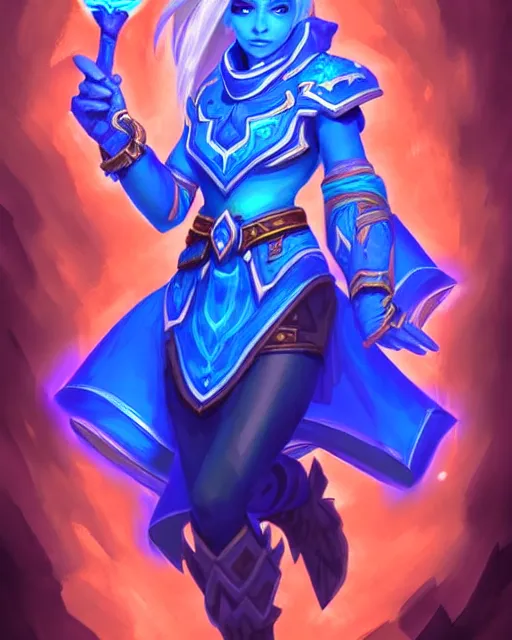 Image similar to perfectly - centered!! looking at the camera!!! full body portrait of the female blue mage, bright lighting, intricate abstract upper body intricate artwork, by hearthstone, concept art, hearthstone mastered art