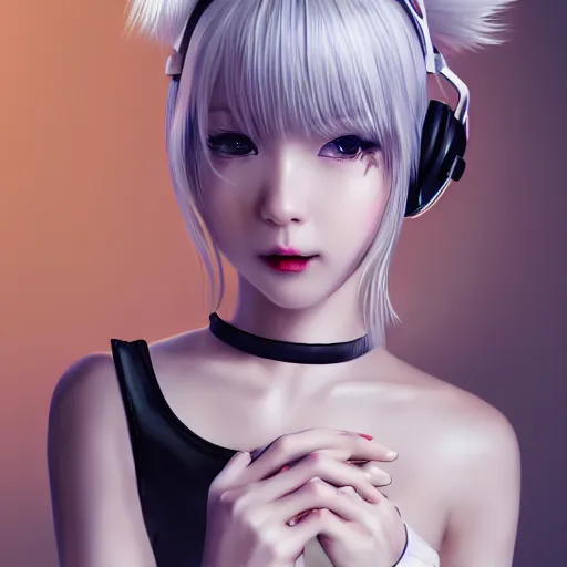 Image similar to realistic teasing detailed semirealism beautiful gorgeous cute Blackpink Lalisa Manoban white hair white cat ears blue eyes, wearing black camisole outfit, headphones, black leather choker full HD 4K high resolution quality WLOP, Aztodio, Taejune Kim, Guweiz, Pixiv, Instagram, Artstation