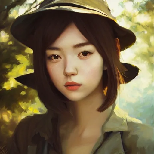 Image similar to oil painting by ilya kuvshinov,, baugh casey, artgerm craig mullins, coby whitmore, of a youthful japanese girl, long hair, fisherman's hat, highly detailed, breathtaking face, studio photography, noon, intense bounced light, water reflection, large tree casting shadow, serine intense sunlight