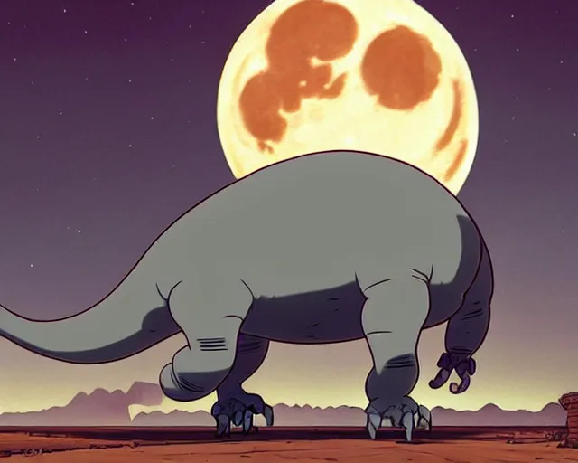 Prompt: a cell shaded cartoon giant grey lovecraftian mechanized brontosaurus from howl's moving castle ( 2 0 0 4 ), with a big head, on a desert road, wide shot, in front of a big moon, muted colors, post grunge, josan gonzales, wlop, by james jean, victor ngai, hq, deviantart, art by artgem