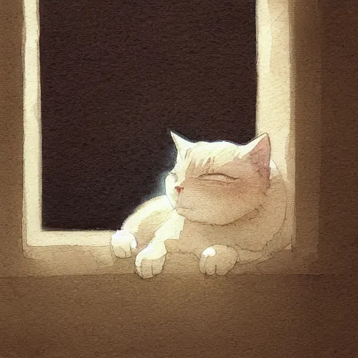 Image similar to head and shoulders masterpiece portrait of a cute adorable cat sleeping on a window sill at sunset, digital art watercolor by krenz cushart and hayao miyazaki and kuniyoshi utagawa, trending on artstation, cgsociety, rich vivid color