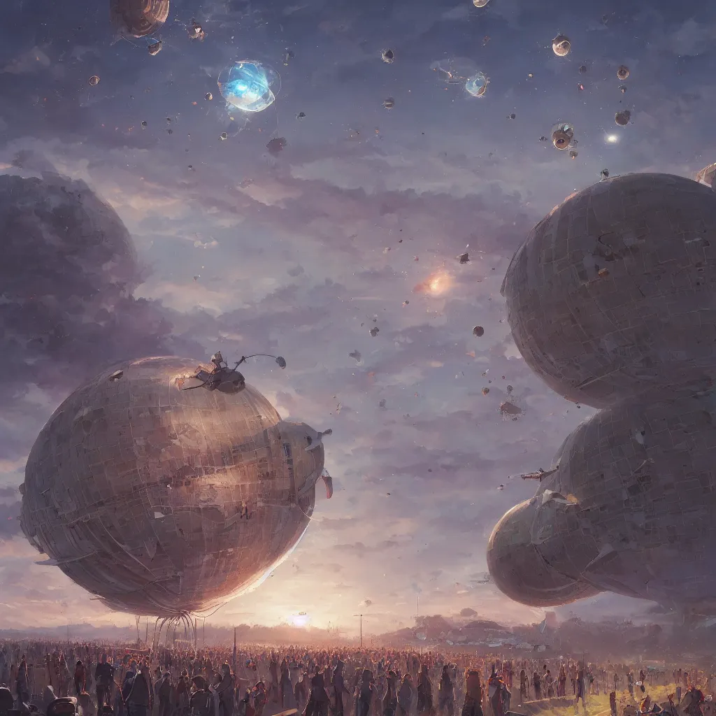 Image similar to blimps in sky, dyson sphere program, by greg rutkowski, by rhads, by jesper ejsing, so many wires, sharp focus, man standing, colony, atom, crowd, steam punk