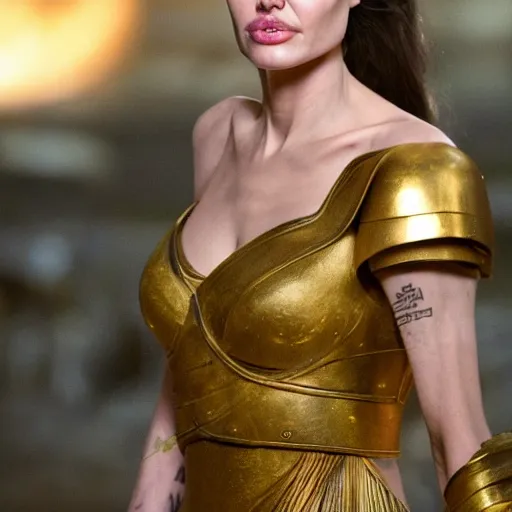 Prompt: angelina jolie as the greek goddess athena, fighting in battle, action scene, live action, dynamic