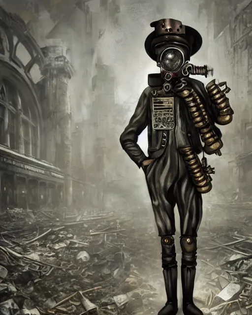 Image similar to a creepy steampunk mechanical metal man with a hunched - back, ww 1 era gas mask, and wearing a top hat stands alone inside a bombed out, desolate grand central station, post apocalyptic, trending on artstation