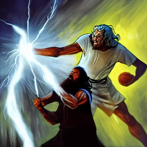 Image similar to gandalf posterizing an orc in the paint with an overpowering dunk, explosive energy, magical, camera flash