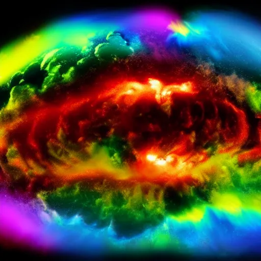 Prompt: nuclear explosion of many different colors, rainbow explosion, 4k detailed