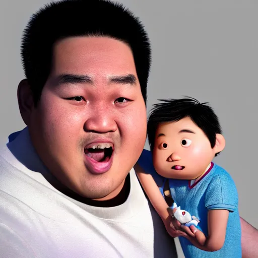 Prompt: shocked asian man holds baby shaquille o ’ neal at hospital, he can ’ t believe his eyes, award winning art, pixar, 3 d render, unreal engine