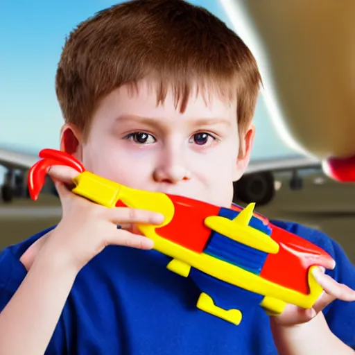 Image similar to boy holding airplane toy in his hand. hands, face, fingers. detailed, realistic, photorealistic.