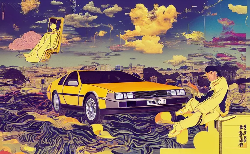 Prompt: a yellow delorean in clouds above, golden hour, african, colourful art by salvador dali, hsiao - ron cheng & utagawa kunisada, magazine collage,