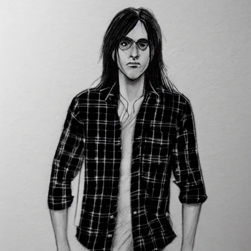 Image similar to professional pencil sketch of a young adult man with slightly long hair wearing a black flannel shirt and dark sweatpants, high quality, HD, 8K, highly detailed, award-winning