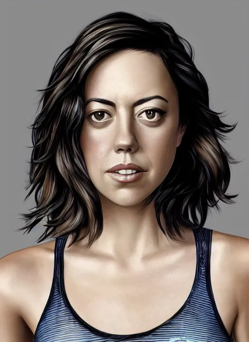 Image similar to full length photo of Aubrey Plaza in a tanktop in the style of stefan kostic, full body, not realistic, sharp focus, 8k high definition, insanely detailed, intricate, elegant, art by stanley lau and artgerm