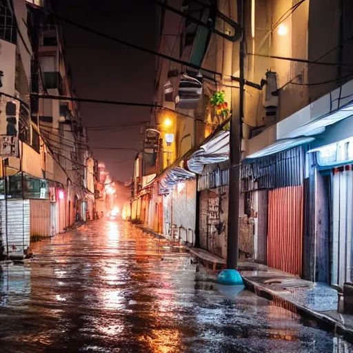 Prompt: rain - soaked alley with messy overhead cables in yongsan district, seoul, south korea, award winning photograph 4 k hd, night - time