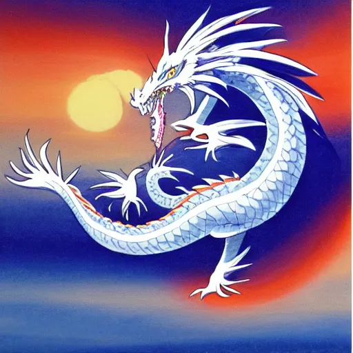 Prompt: Snow-white dragon Haku frolics in the sunset sky, Japanese painting, pastel colors