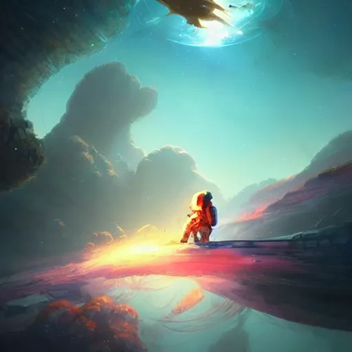 Image similar to Astronauts are riding some mythical animals, they are running on the surface of a planet with wacky wildlife, some planets and nebulas are as background, by Jordan Grimmer digital art, trending on Artstation,