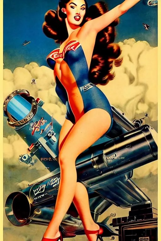 Image similar to beautiful megan fox retro space varga girl riding a rocket in a diesel punk city, windblown dark hair, retro pinup model, seductive, 1 9 4 0, glamour pose, intricate, smoke, hyper detailed, digital art, smooth, sharp focus, alberto vargas, gil elvgren, greg rutkowski, propaganda poster